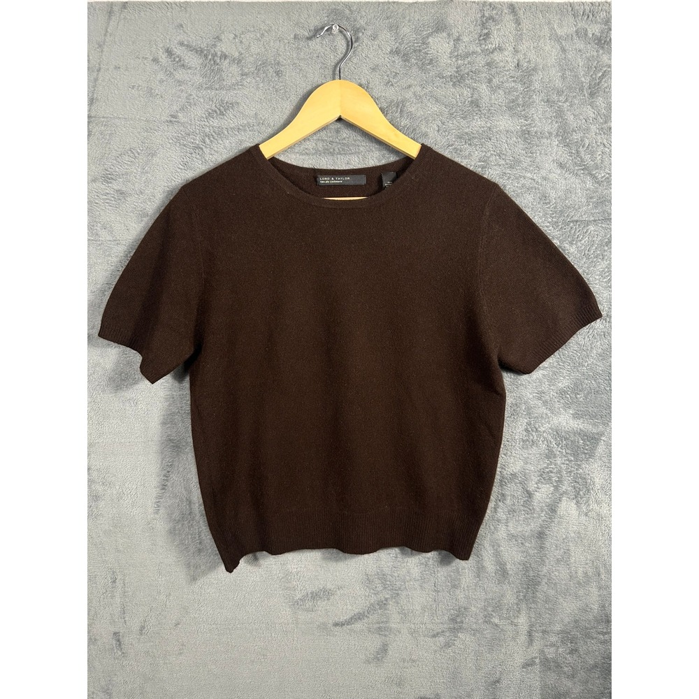 Lord & Taylor 100% Cashmere Sweater Womens L Brown Short Sleeve Crew Neck Knit